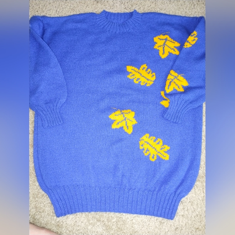 Most Beautiful Brand New Blue Sweater with Yellow Leaf Pattern Handmade Size M/L